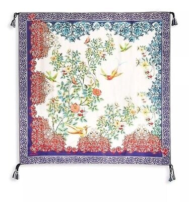 Johnny Was painterly hummingbird flower silk scarf tassel 44” square