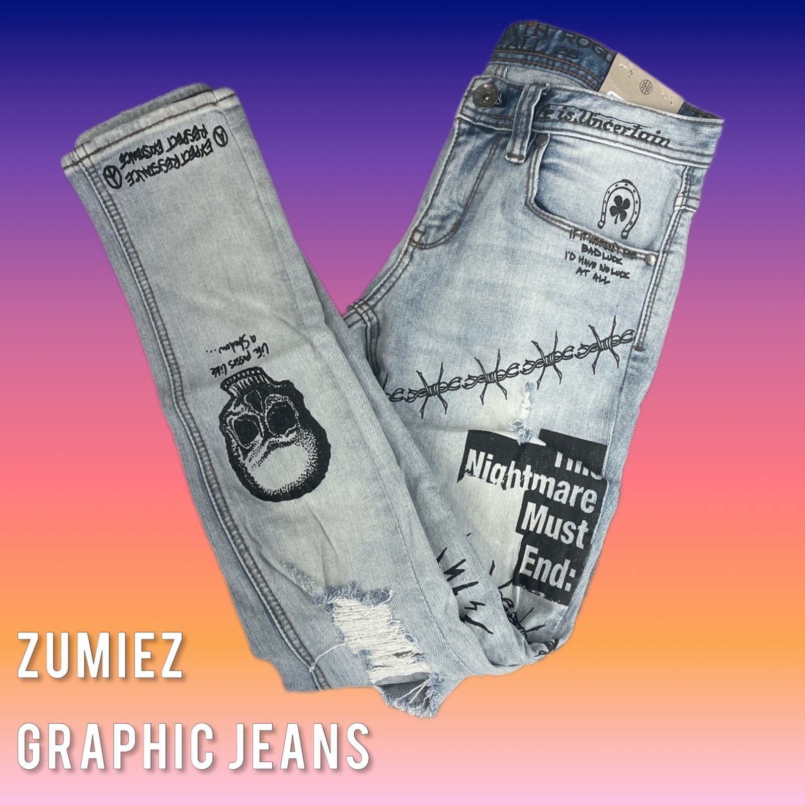 BRAND NEW Zumiez Pastel Blue Rogue Light Aged Printed Denim Jeans Men's Size 28