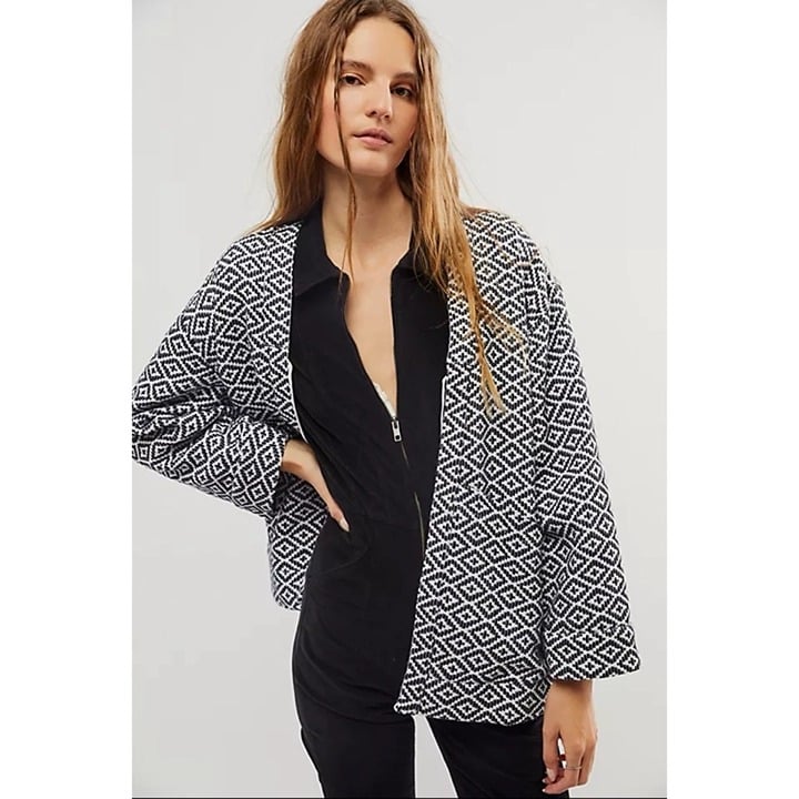 New Free People Lulu Jacquard Quilted Jacket Black White