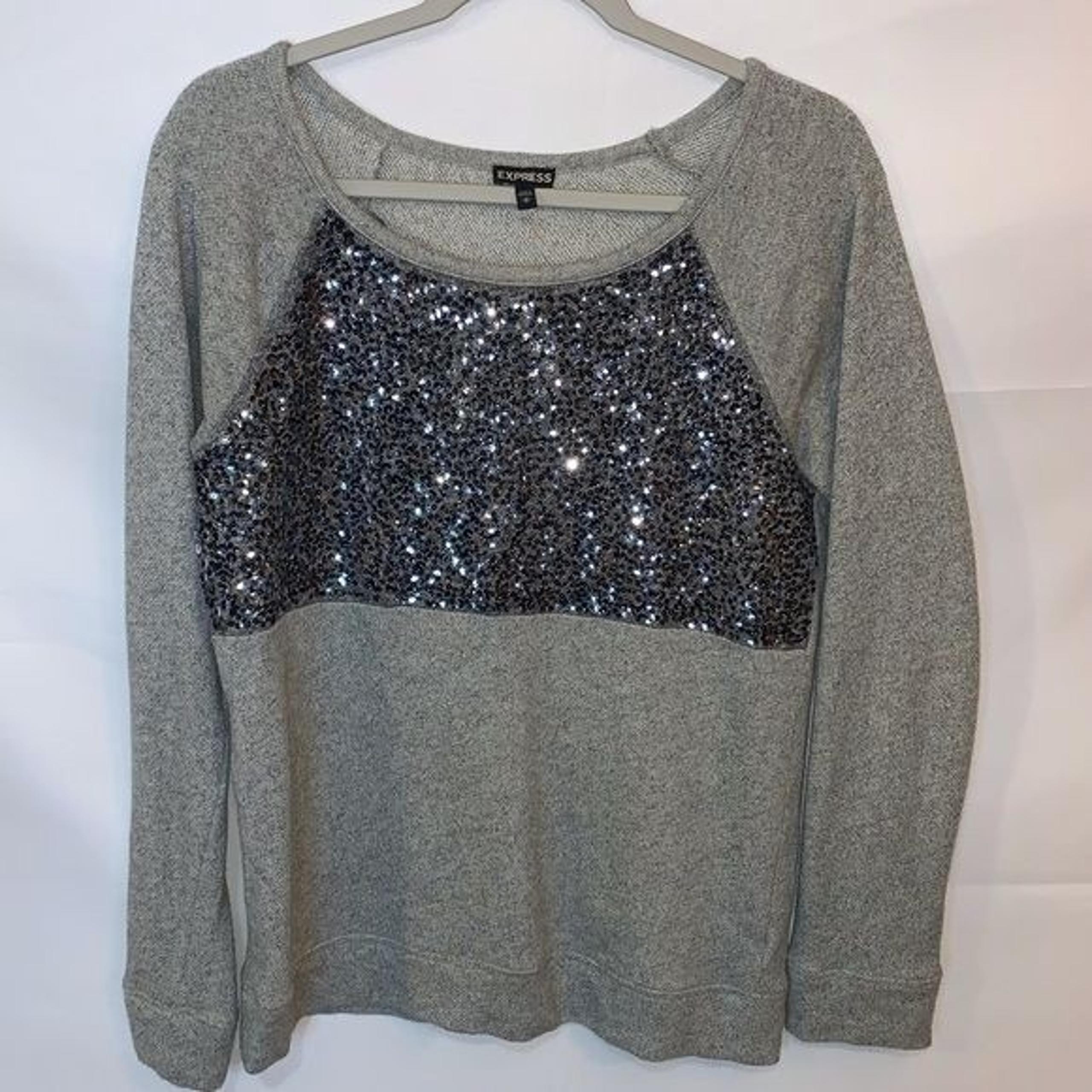 Express Sweatshirt Women Sequin Front Medium Gray Silver