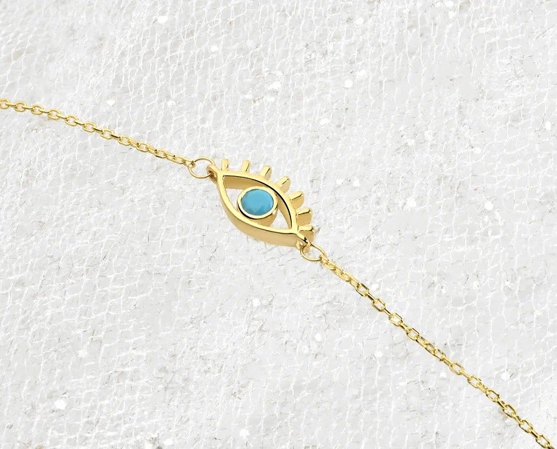 Solid Gold Evil Eye Bracelet, STD Size, 14K Gold Dainty Bracelet, Delicate Nazar