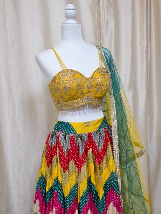 Yellow Multi-Color Striped Chinnon fabric Lehenga