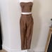 Venti6 brown strapless top high waisted pants in distressed leather microvelvet