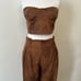 Venti6 brown strapless top high waisted pants in distressed leather microvelvet