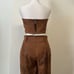 Venti6 brown strapless top high waisted pants in distressed leather microvelvet