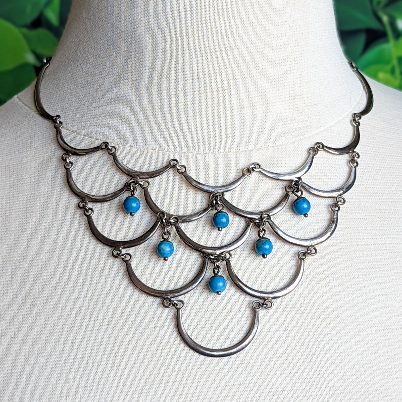 Vintage Sterling Silver Tiered Crescent Necklace - Turquoise Boho 1990s Collar