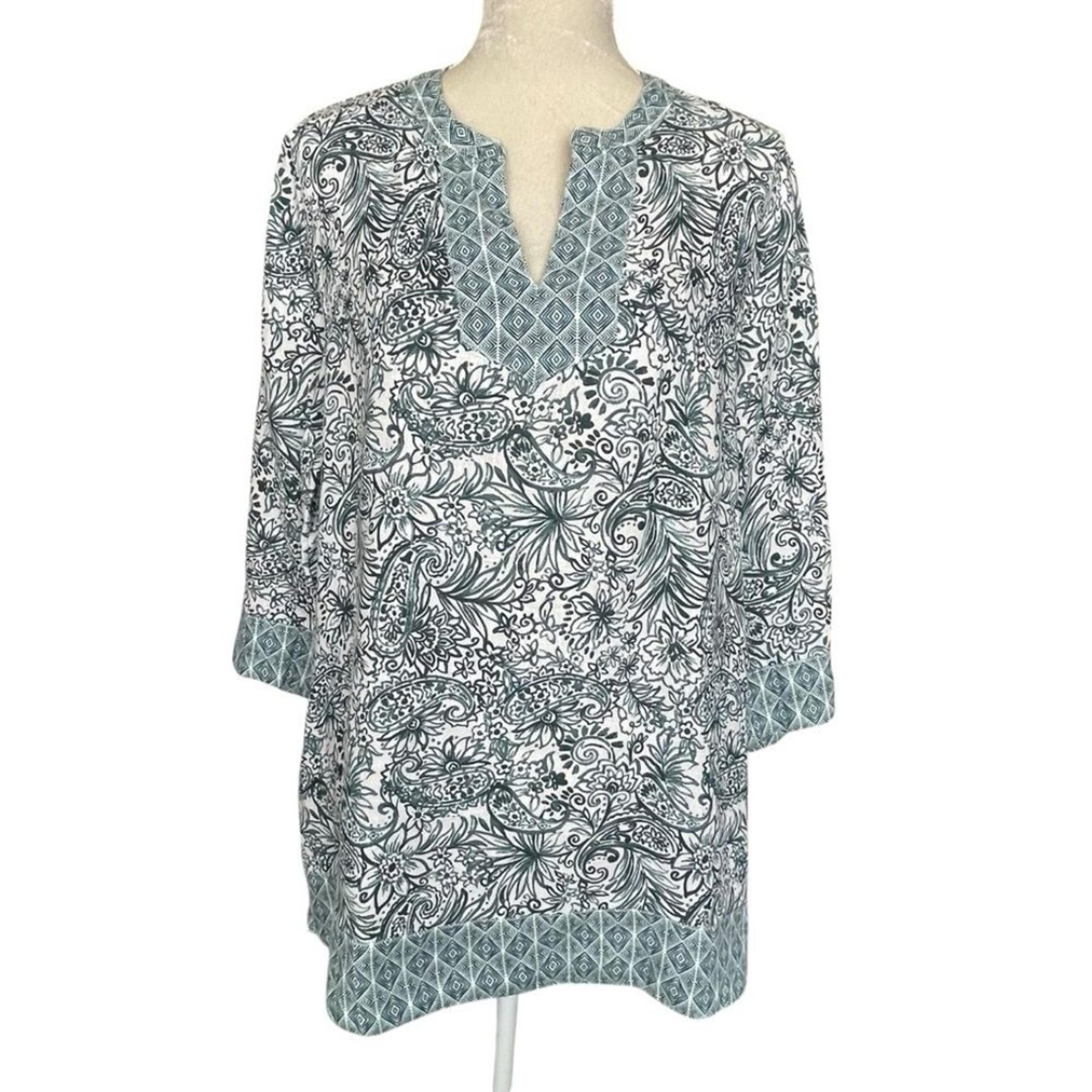 Sigrid Olsen 100% Linen Paisley Floral Tunic Top Women’s Size L 3/4 Sleeves
