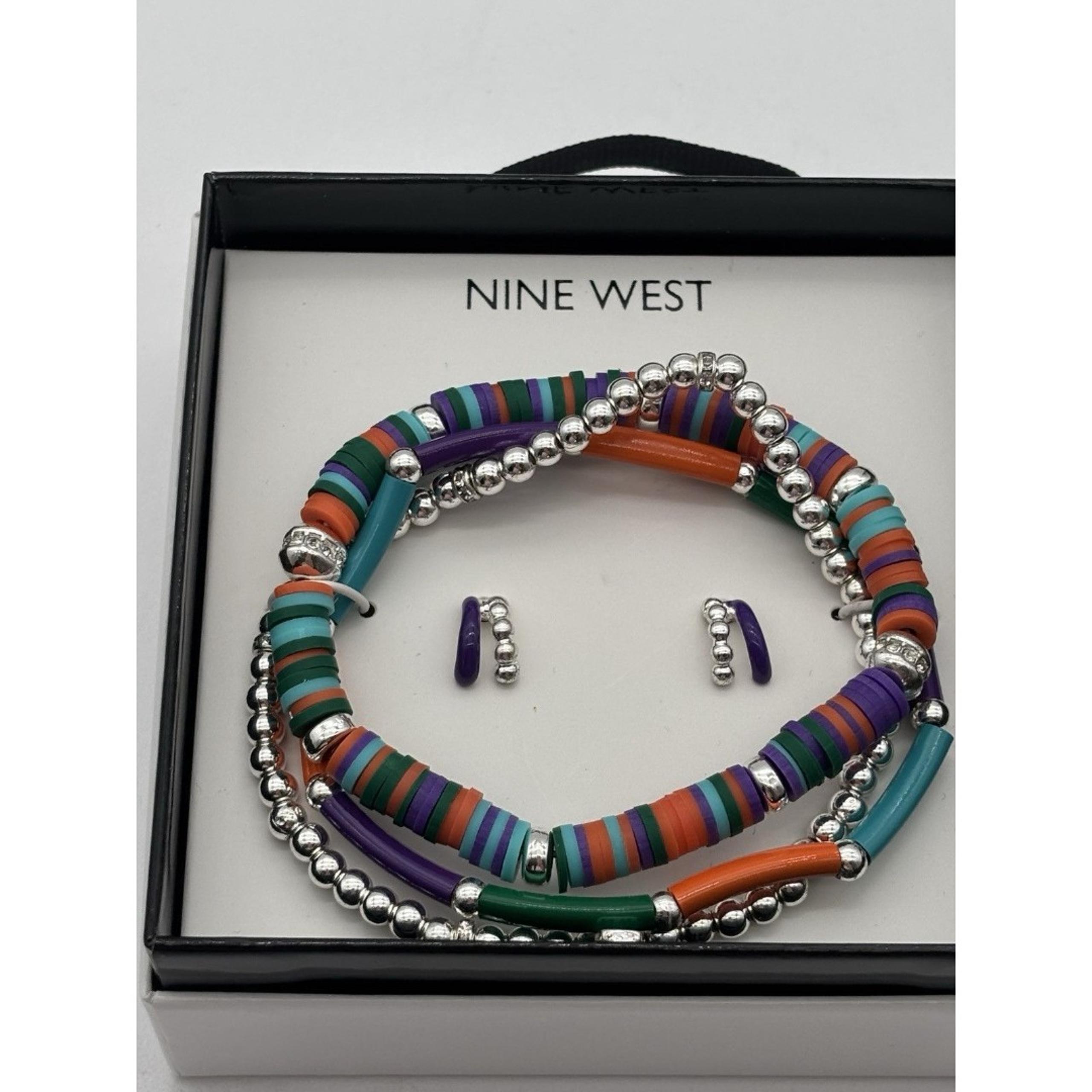 Nine West Silver Tone Color Stretch Bracelet Trio & Stud Earring Set,New