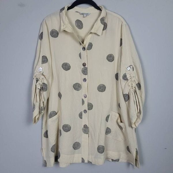 John Mark Womens Artsy Button Up Tunic Top Cream Size Large Lagenlook Pockets