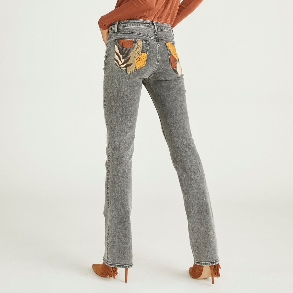 Driftwood Kelly Boot Cut Jeans Grey Acid Wash Mid Rise Embroidered Pockets Sz 28