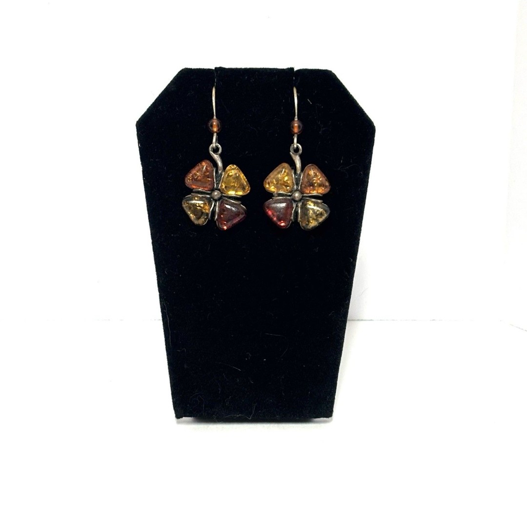Sterling Silver Baltic Amber Earrings-Dangle/Drop-4 Leaf Clover Multicolor Amber
