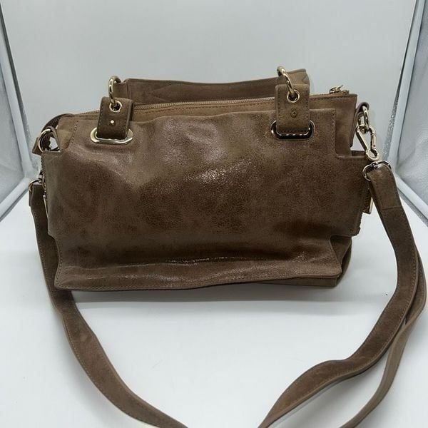 Vince Camuto Metallic Taupe Leather Multi Compartment Convertible Shoulder Bag
