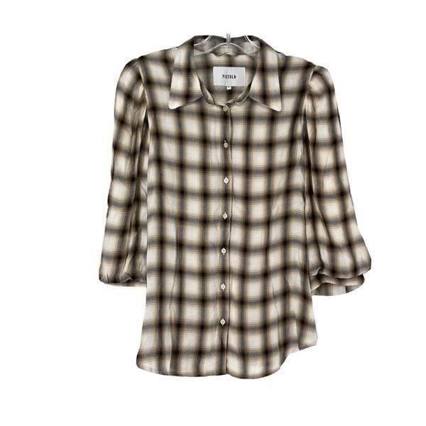 PISTOLA Ariella Plaid Button Up Puff 3/4 Sleeve Shirt Large Defined Shoulder Tan