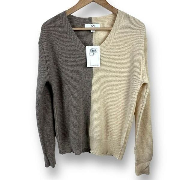 Magaschoni Women's M 100% Cashmere Colorblock Vneck Sweater Neutral Pullover New