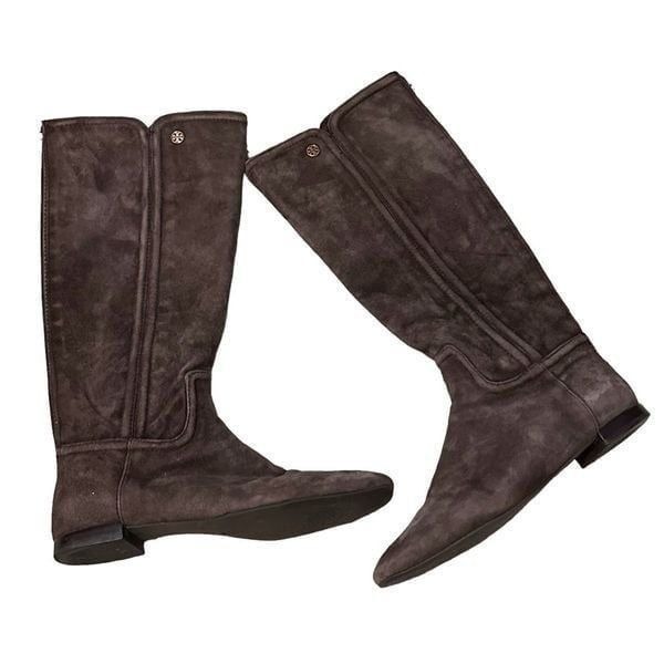 Tory Burch Irene chocolate brown suede with gold hardware design equestrian ridi