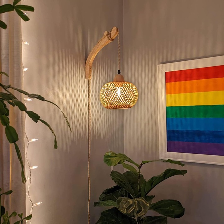 Bamboo Lantern Plug in Wall Sconces Wicker Wall Lamp