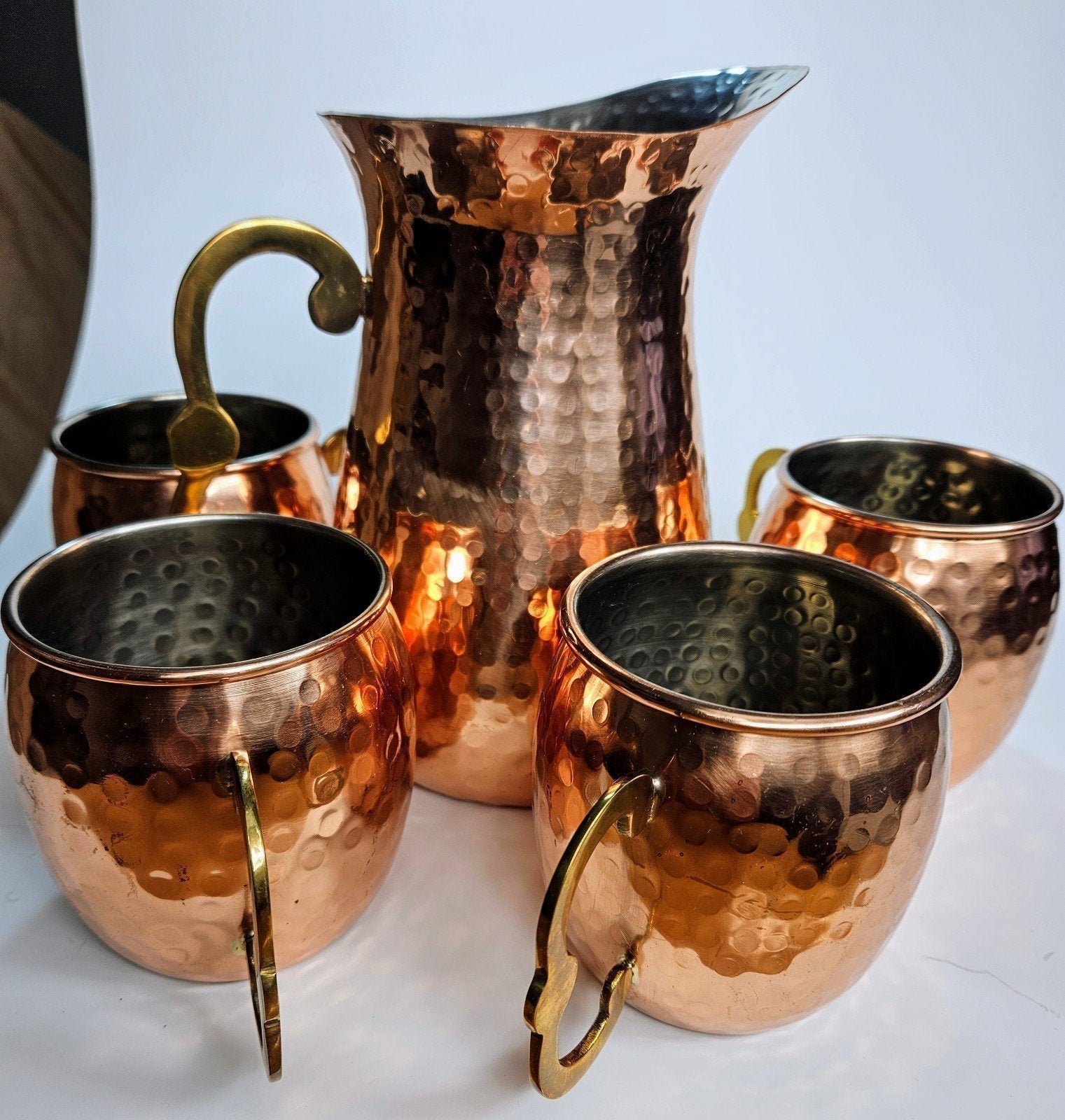 Vintage Hammered Steel Copper Jug/Pitcher Brass Handle and 4 matching mugs