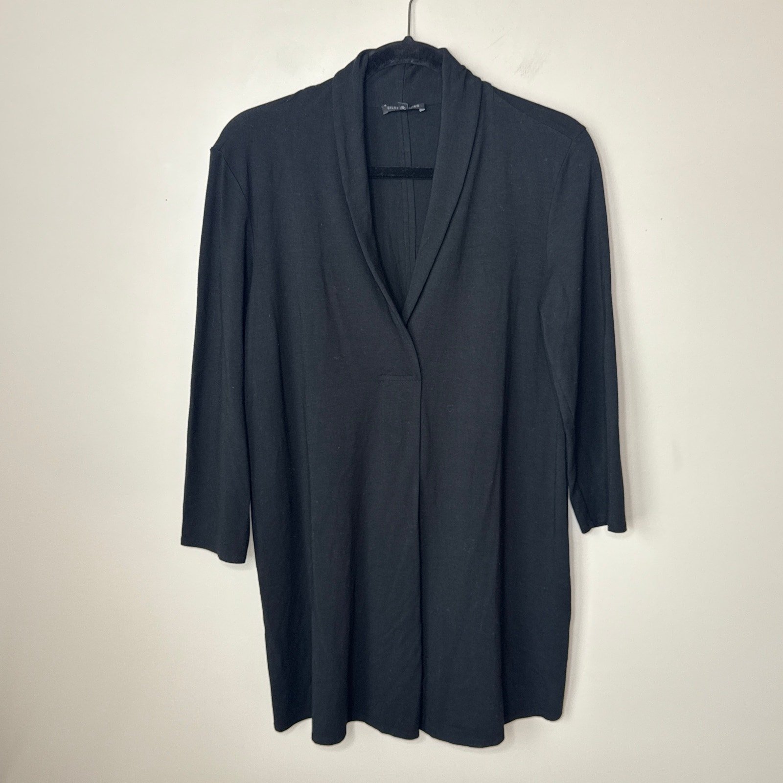 Eileen Fisher Washable Stretch Crepe Black Shawl Collar Tunic Top Size Medium