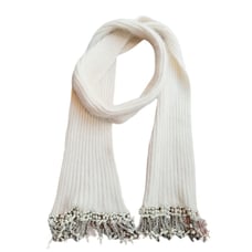 RARE Vintage Cream Cashmere Ribbed Scarf with Beaded Fringe Pearls Crystals Cold