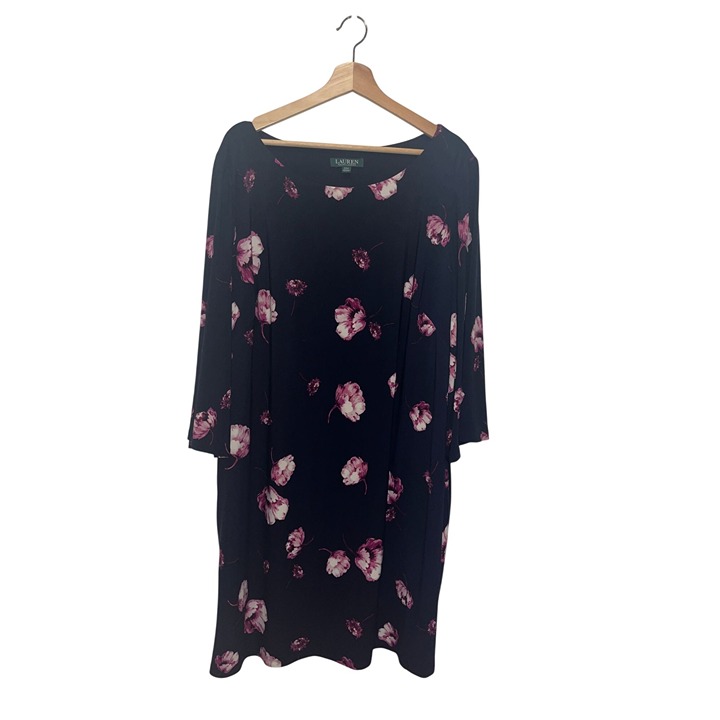 Lauren Ralph Lauren Navy & Pink Floral Print Midi Dress 3/4 Sleeves Scoop Neck
