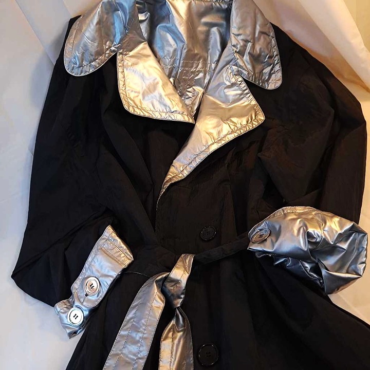 Women's Reversible Raincoat Black Shiny Silver Buttons Collar Belted Pockets M