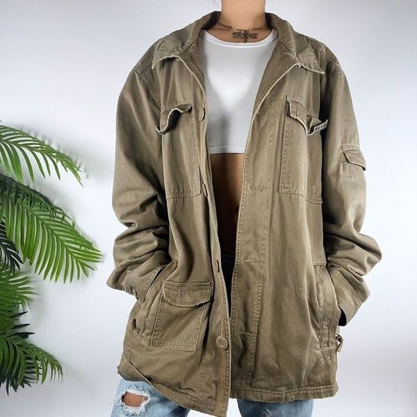 Vintage 90s Grunge Gorpcore Khaki Oversized Military Style Button Jacket / XL