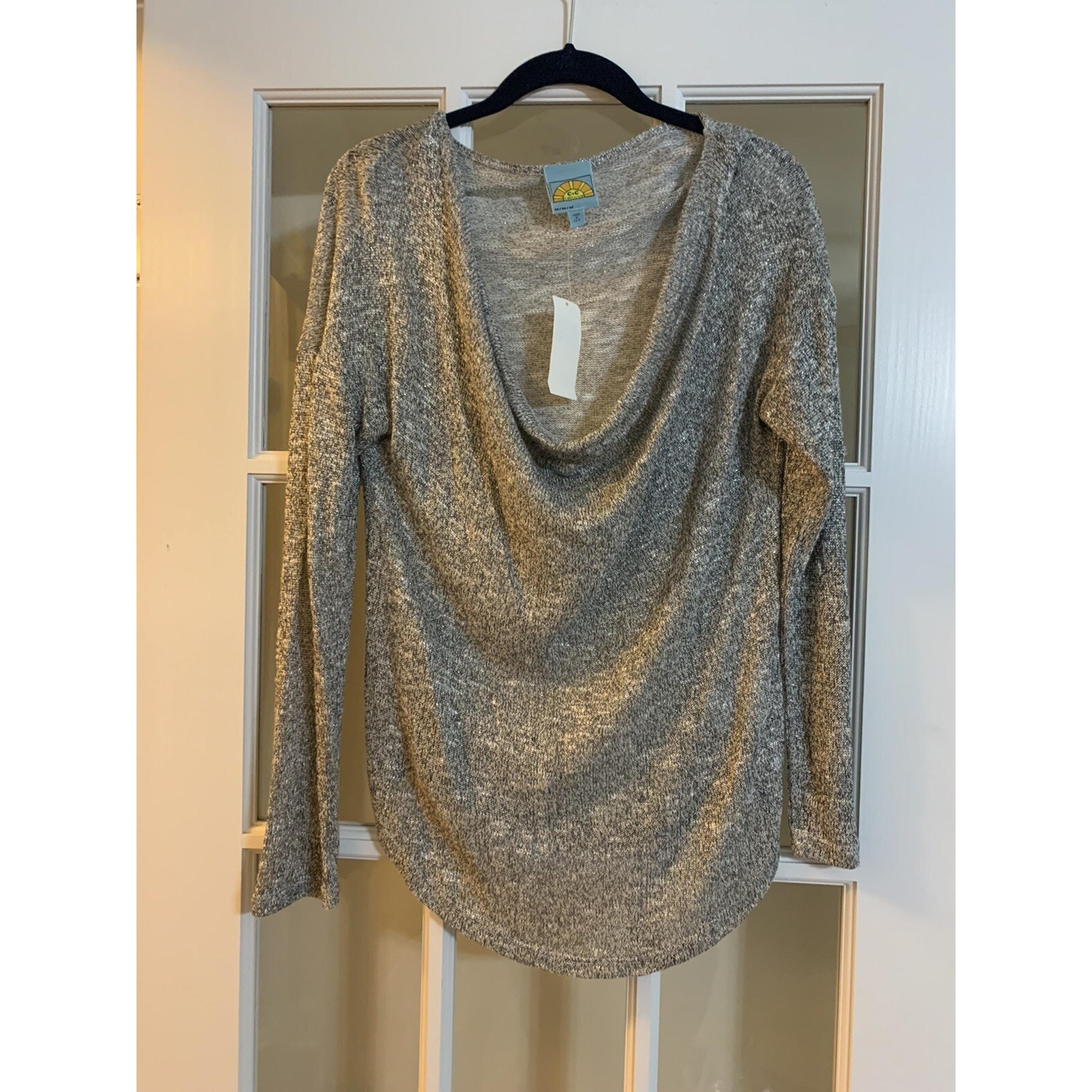 NWT c&c california cowl neck silver blouse long sleeve women M $88 RETAIL