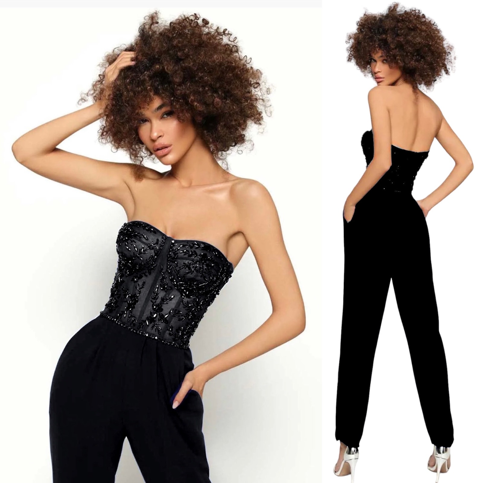 NWT Tarik Ediz Sweetheart Fitted Corset Sequin Black Jumpsuit Size 2