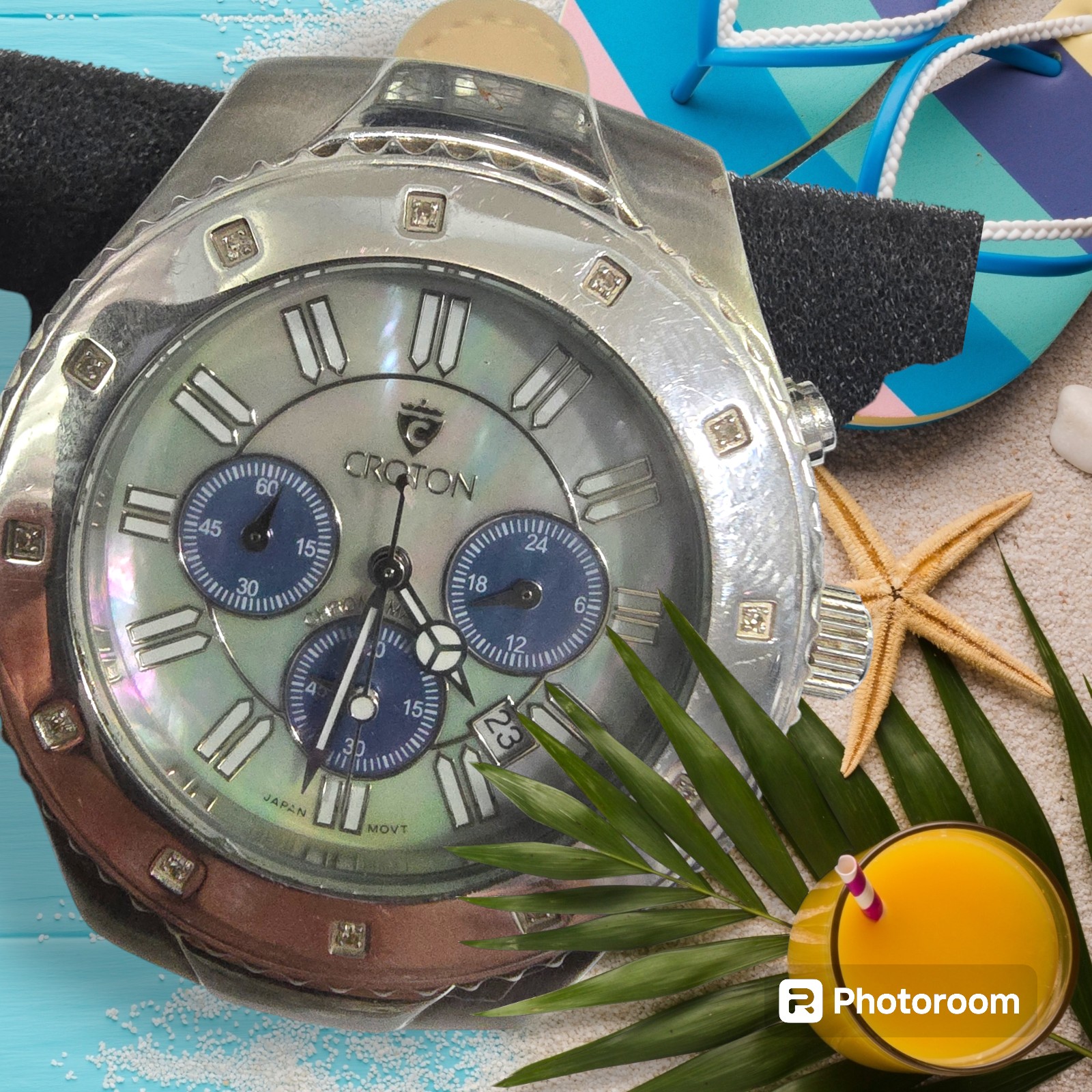 CROTON DIAMOND BEZEL, MOTHER PEARL DIAL, NEW BATTERY, NEW BAND WRISTWATCH.