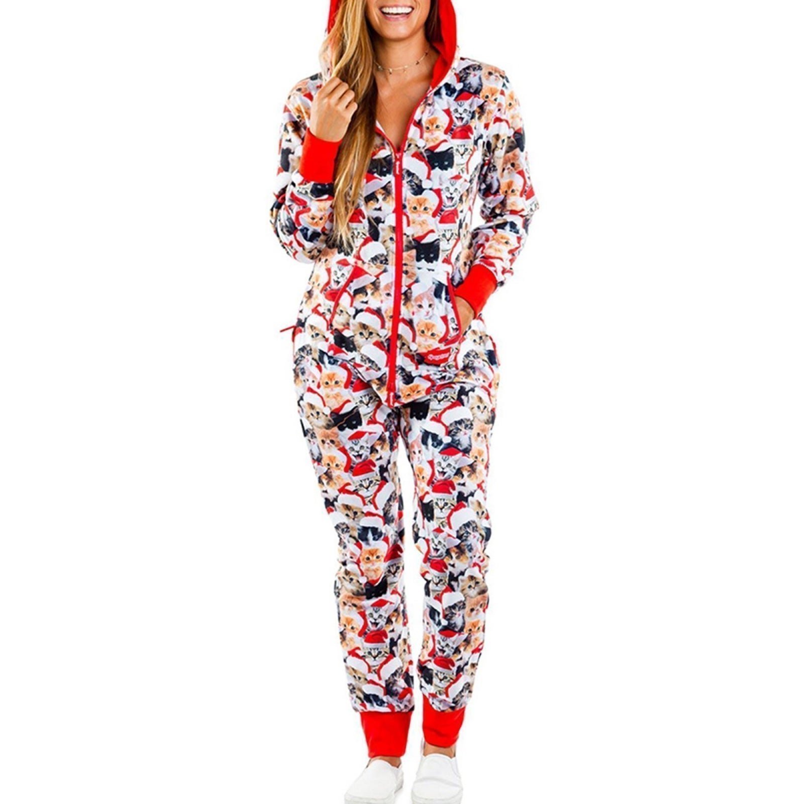 Tipsy Elves Meowy Catmus Christmas Holiday One Piece Hooded Jumpsuit