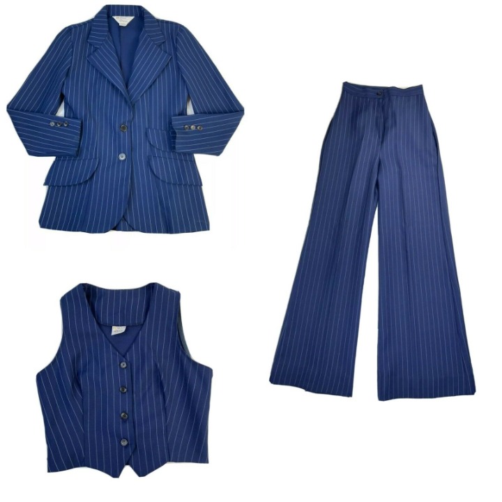 Vintage Juniors 7 3 Piece Pinstriped High Rise Wide Leg Pant Suit