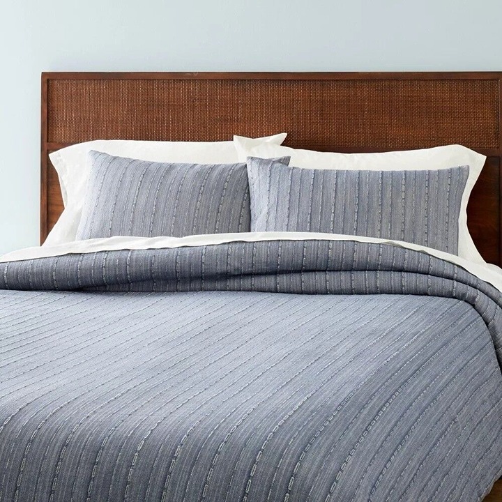 Hearth & Hand Pale Blue Queen Sz Washed Loop Stripe Duvet Cover & Shams 3 Pc Set
