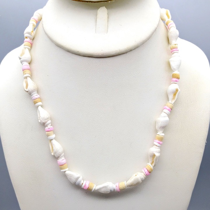 Vintage Pastel Heishi Necklace with Seashell Spacers, White and Pink Beach Barbi