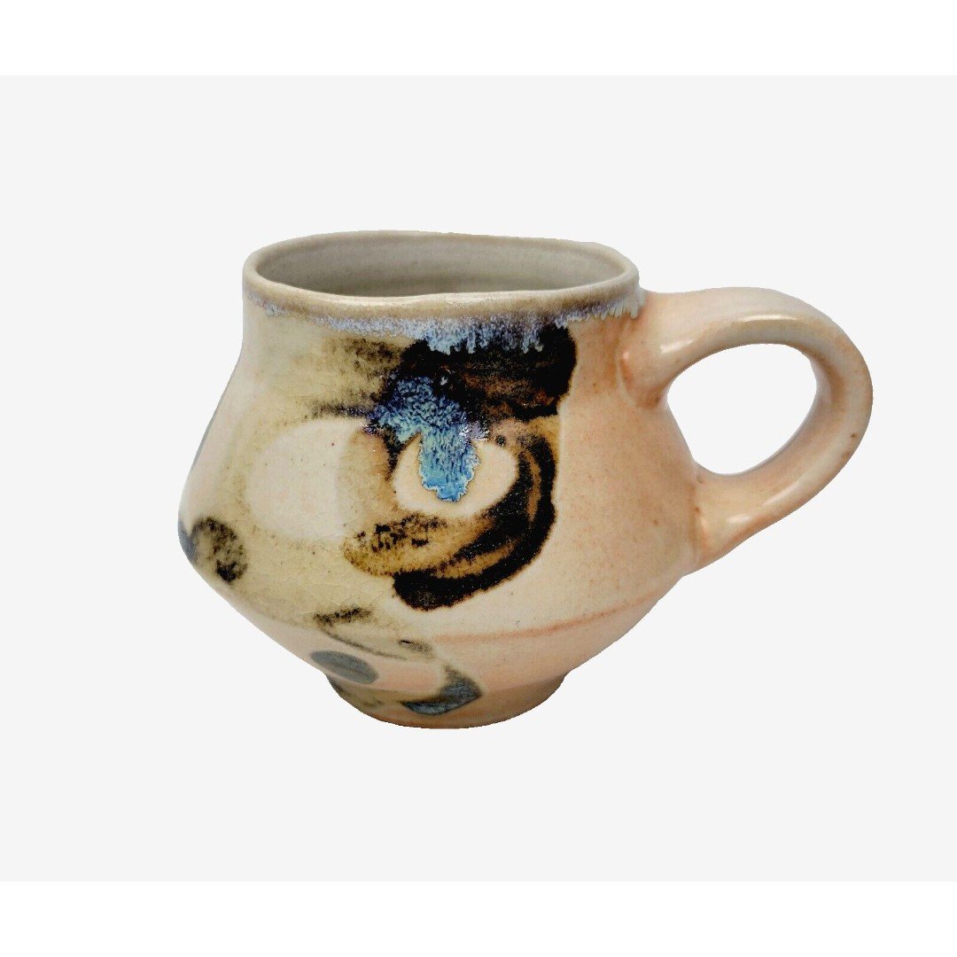 Studio Art Pottery Mug Drip Glaze Blue Brown Orange Southwestern Style 3.75”