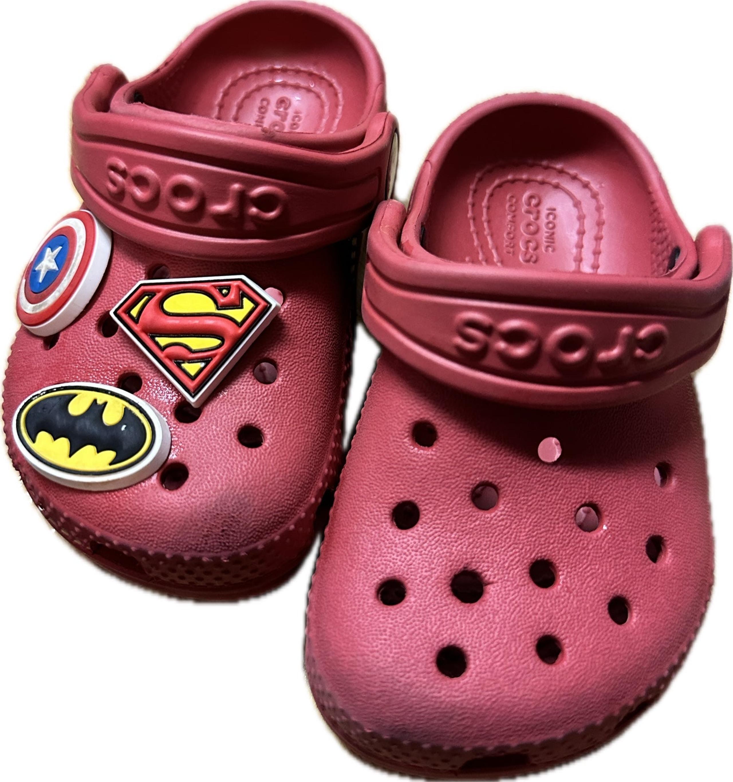 Kids Red Crocs with Captain America Batman Superman Charms Size 6