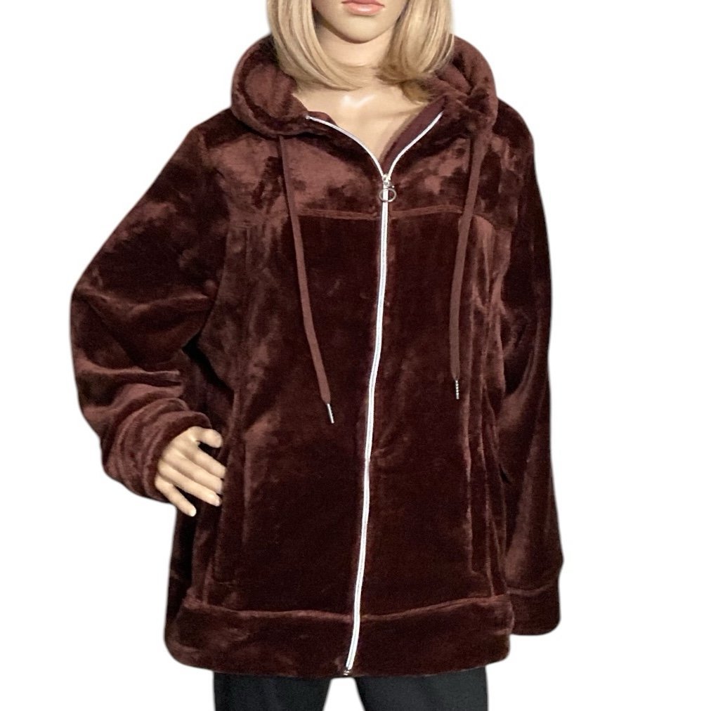 NEW Daisy Fuentes Chocolate Brown Velour Faux Fur Zip Up Hoodie Jacket - Size 2X