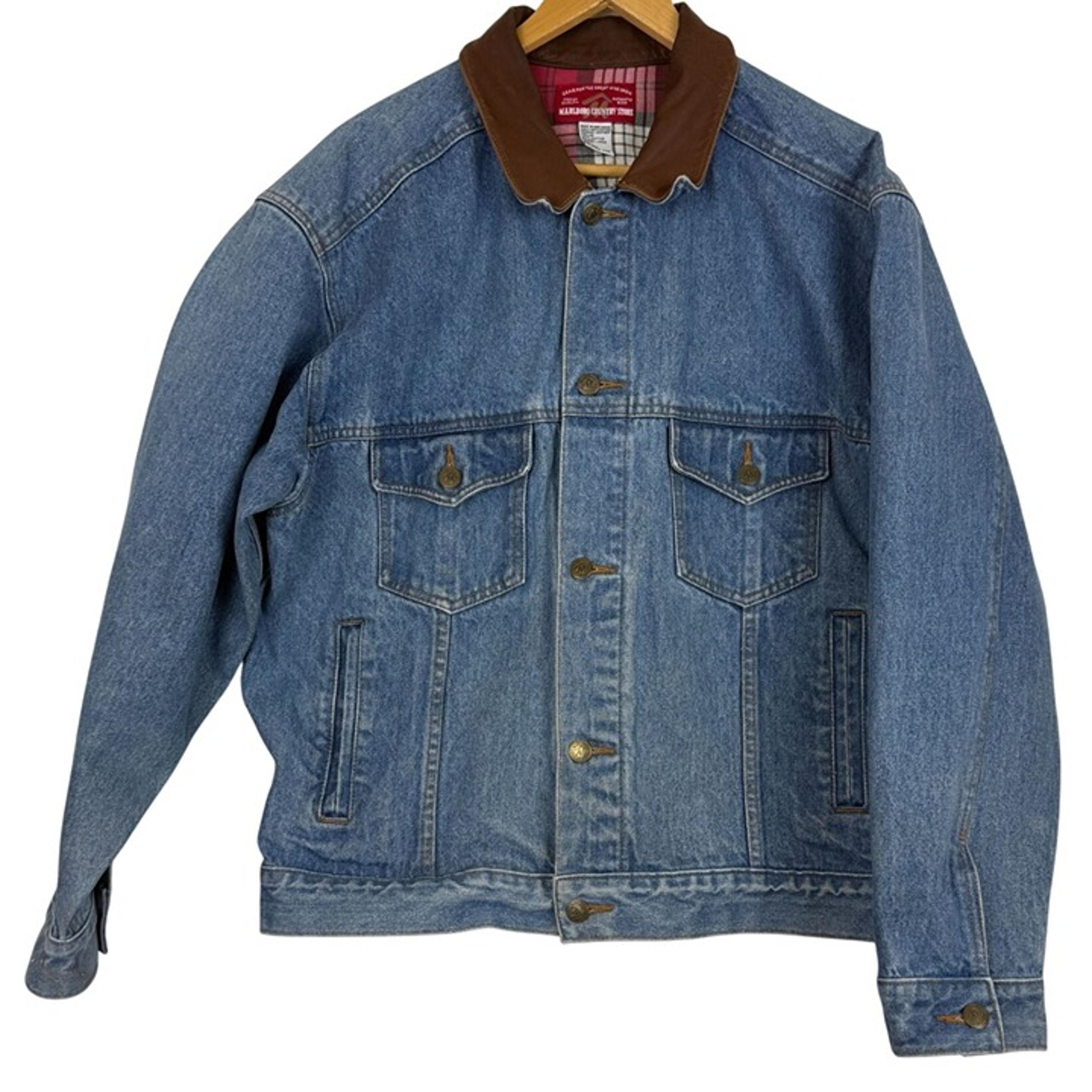Vtg Marlboro Country Store Denim Jacket Large Leather Collar Upper Flannel Lined