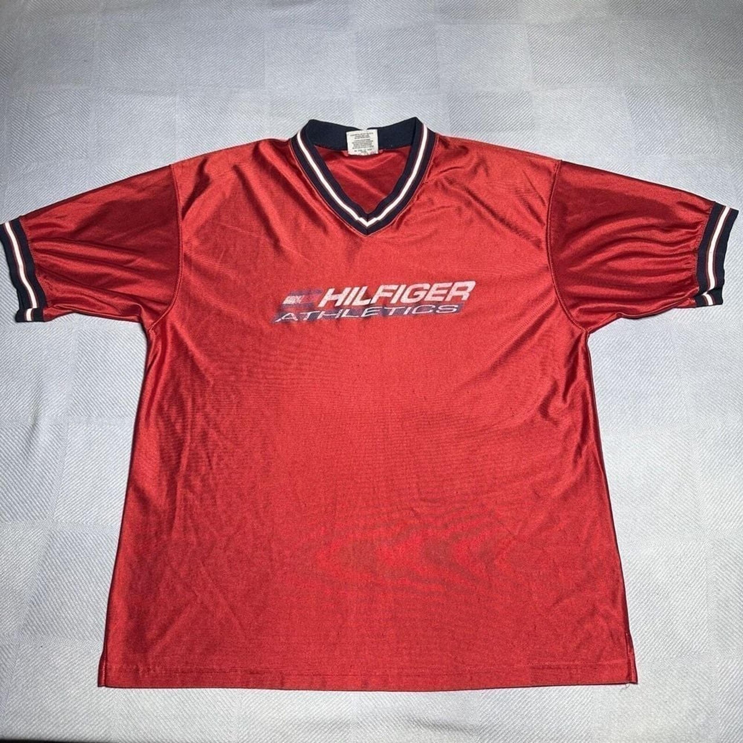 Vintage 1990s Tommy Hilfiger Athletics Red Faded Distressed Jersey Shirt Size XL