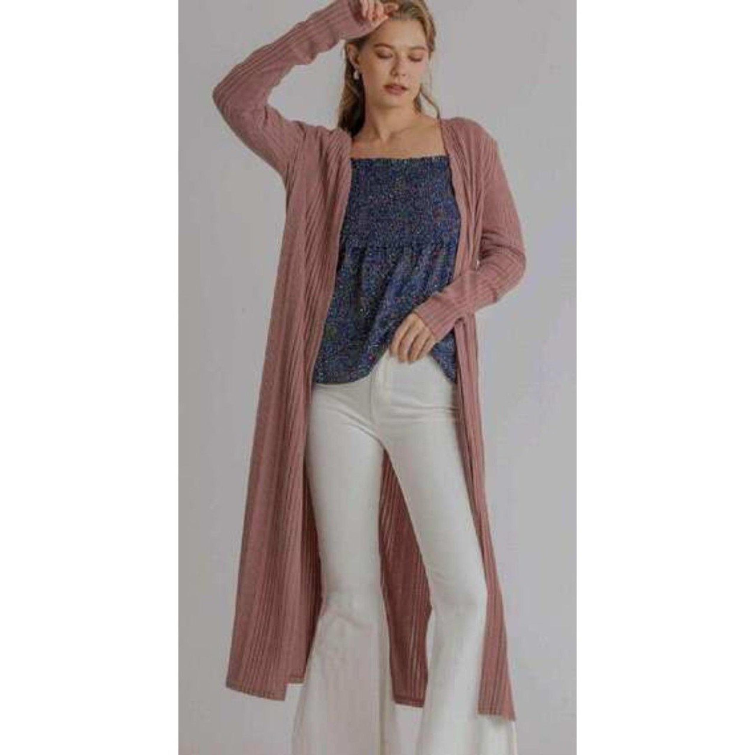 New UMGEE S Cardigan Mauve Open Front Stretch Knit Long Side Slits