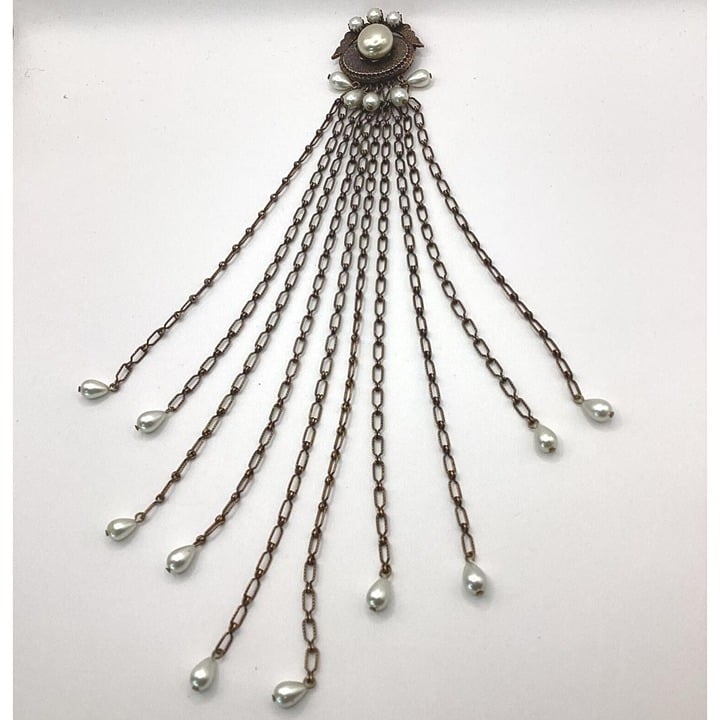 Modernist Brooch Faux Pearl Tassel Antique Bronze Finish-RARE