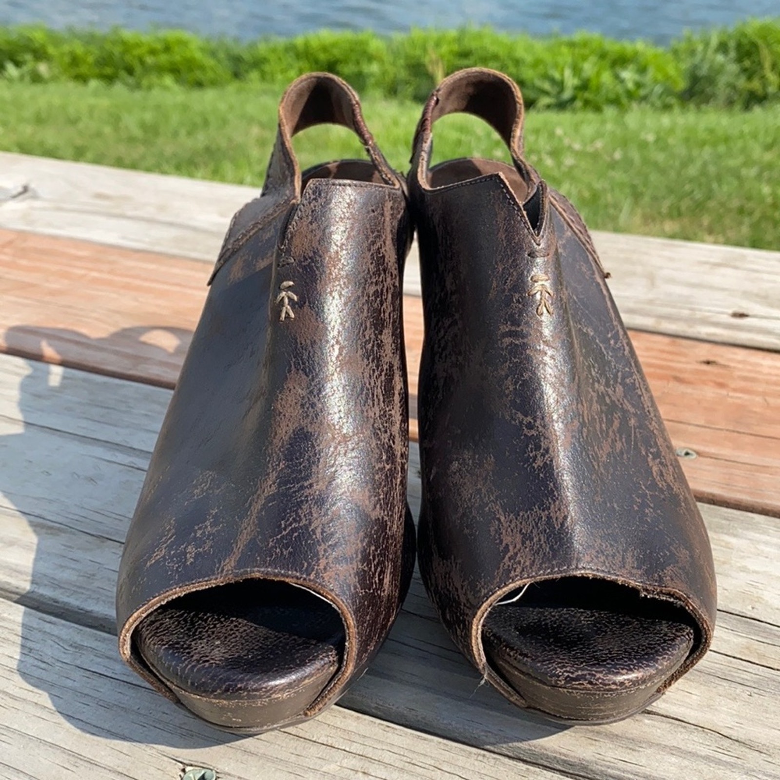 Henry Beguelin Brown Distressed Leather Slingback Peep Toe Bootie Sandal 6