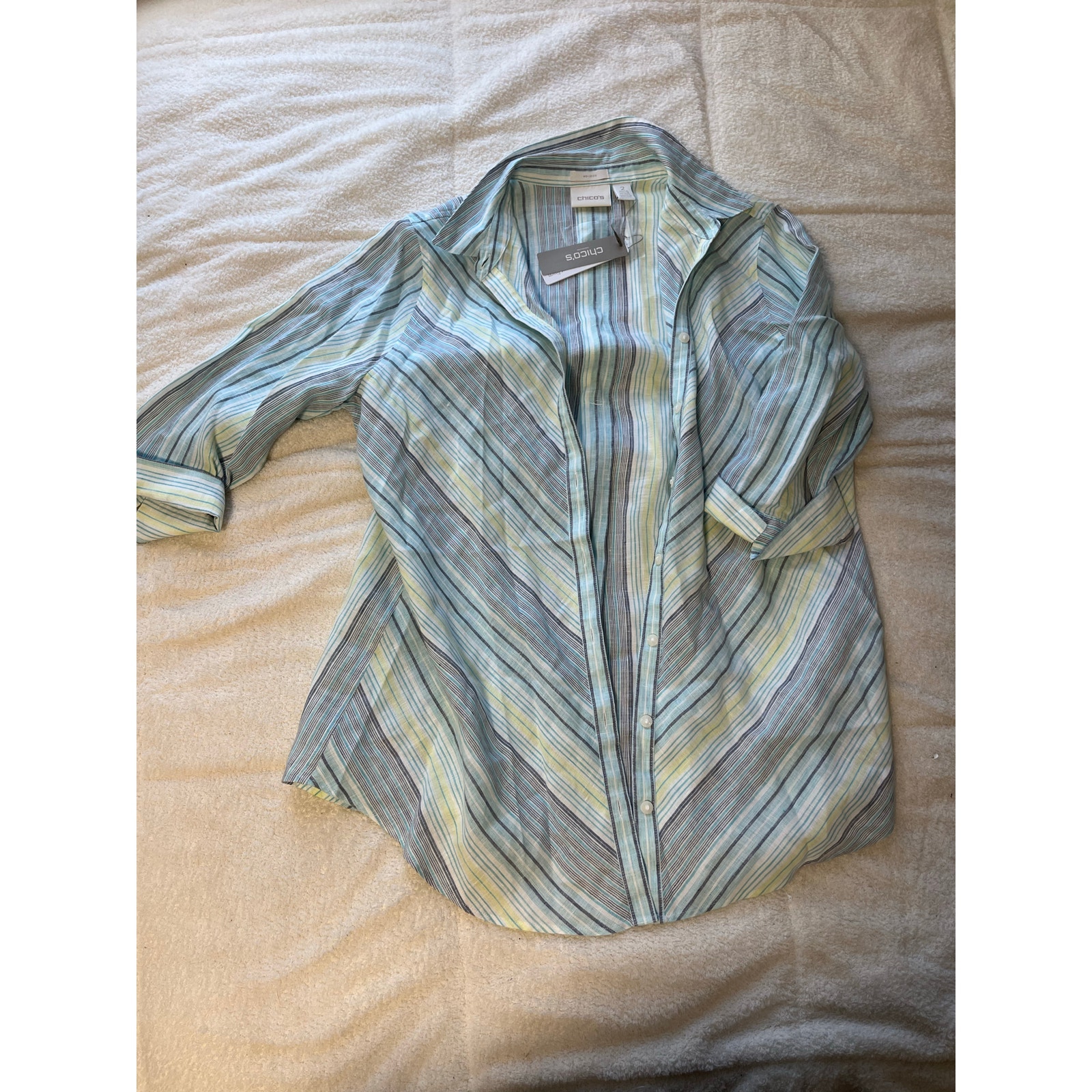 Chico’s No Iron Linen Button Down Shirt Size 2 US L 3/4 Sleeve Blue Stripes NEW
