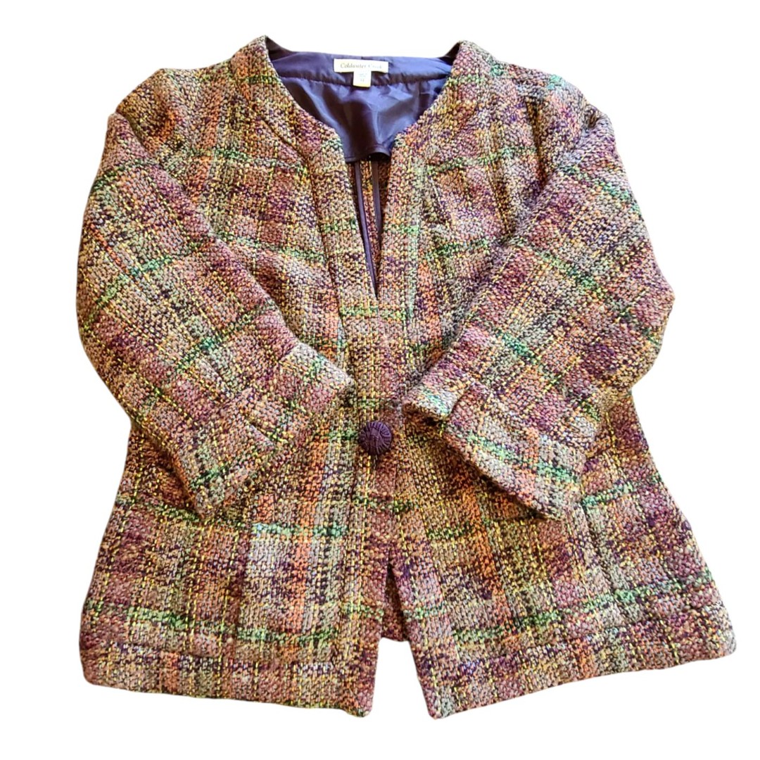 Women's Coldwater Creek 3/4 Sleeve Wool Multicolor Button Blazer Jacket sz12