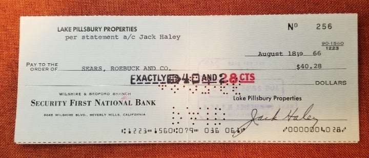 Jack Haley signed personal check The Tin Man from the Wizard of Oz