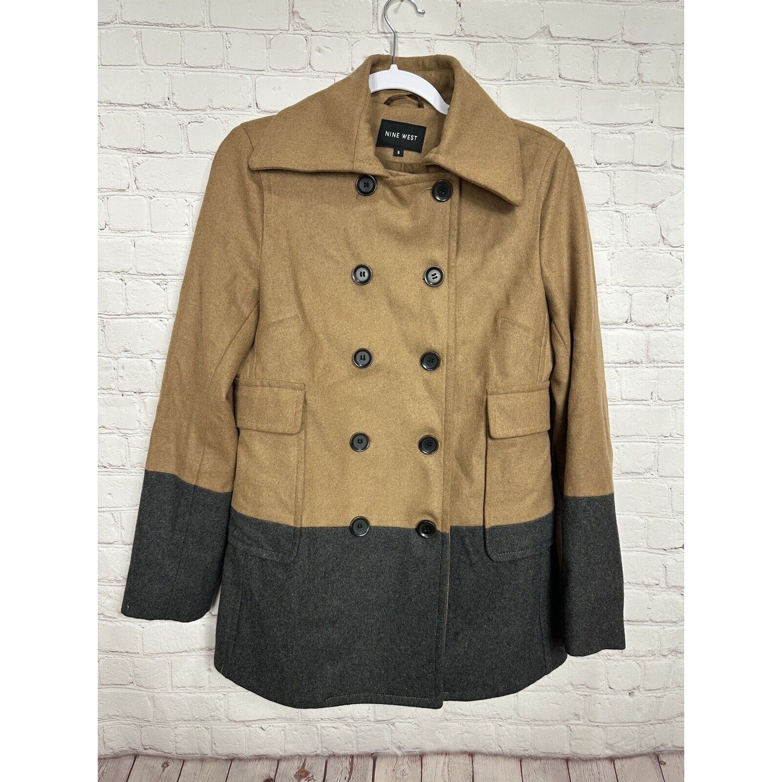 Nine West Colorblock Wool Blend Pea Coat Heather Brown Gray, sz 6, EUC