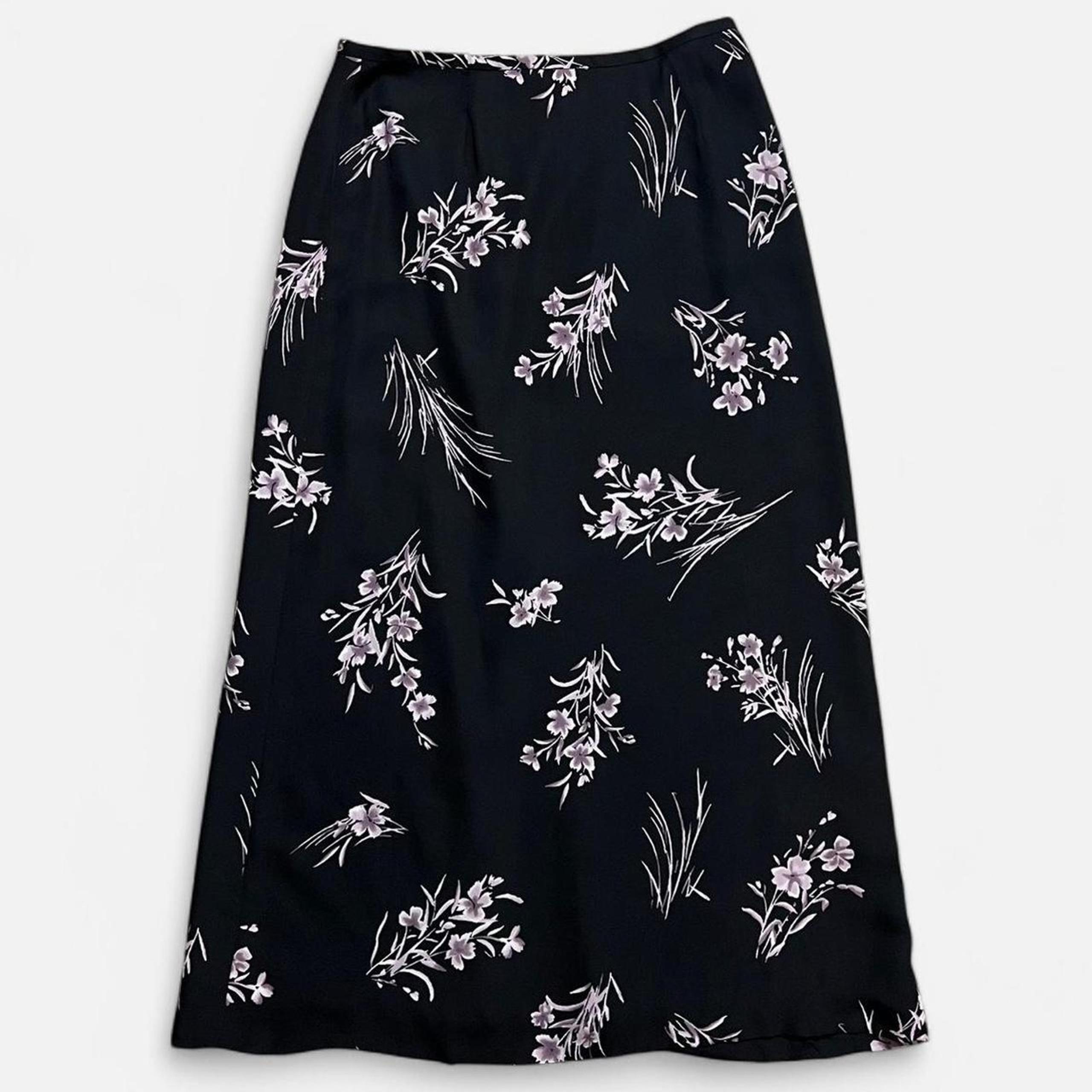 VTG 90s Petite Sophisticate Black & Purple Floral Spray Whimsy Maxi Skirt 8/M