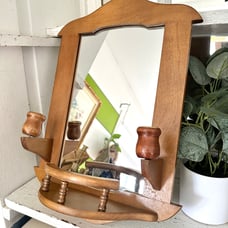 Vintage House Of LLoyd Solid Oak Wood Wall Hanging Mirror Shelf Candle Holders