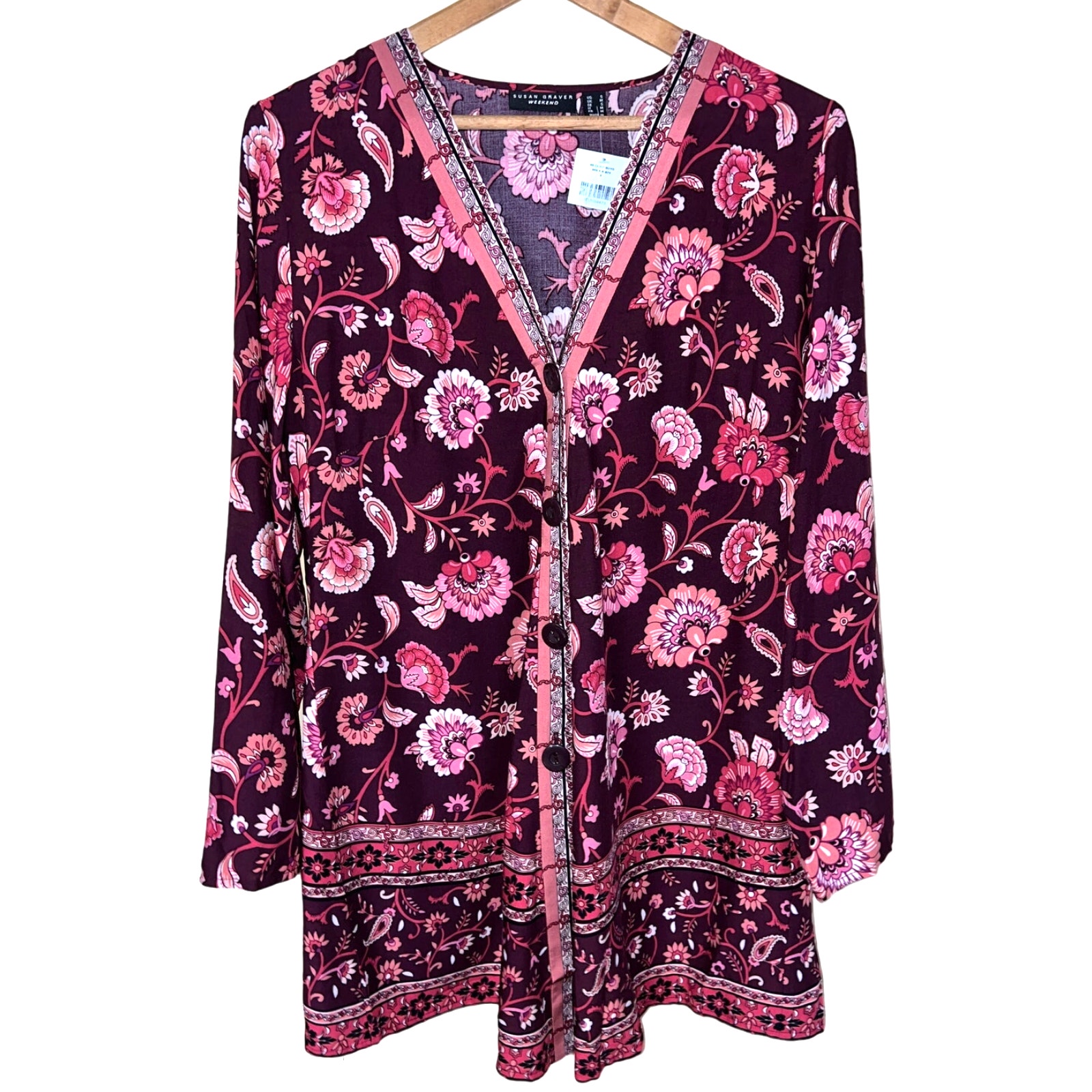 Susan Graver Small 6 /8 Cardigan Lightweight Woven Floral Wine Button Front NEW