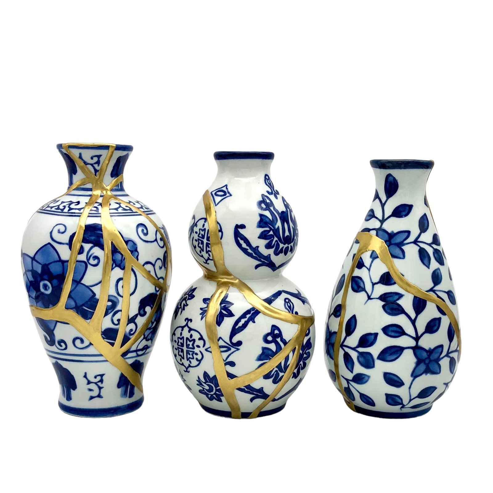 Kintsugi Vase Set Bombay Blue and White Porcelain Gold Crack Growth Gift