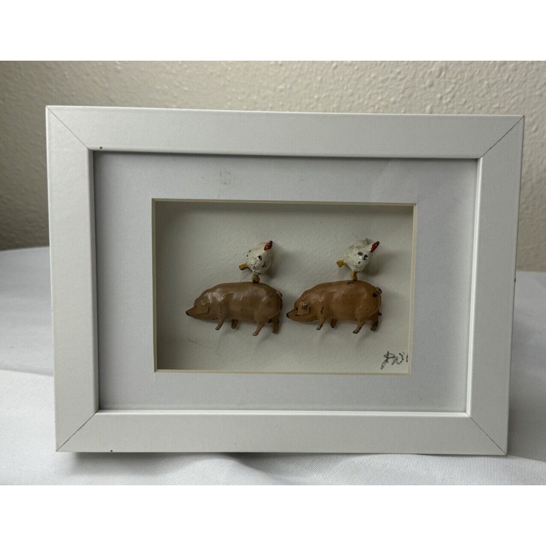 Vintage Bacon & Eggs Pigs Chickens Figures Metal 1950’s England Framed Artwork
